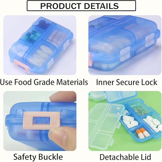 Travel Pill Organizer Portable Pocket Pill Case Small Pill Box for Purse Medicine Organizer Have 10 Compartments Storage Vitamin Fish Oil by INVODA (1PCS Blue+Lables)