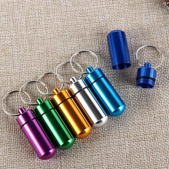 8 Pcs Aluminum Alloy Pill Box Case with Keychain, Mini Travel Pill Organizer Pocket Medicine Jar Waterproof Pill Bottle Container for Outdoor Camping