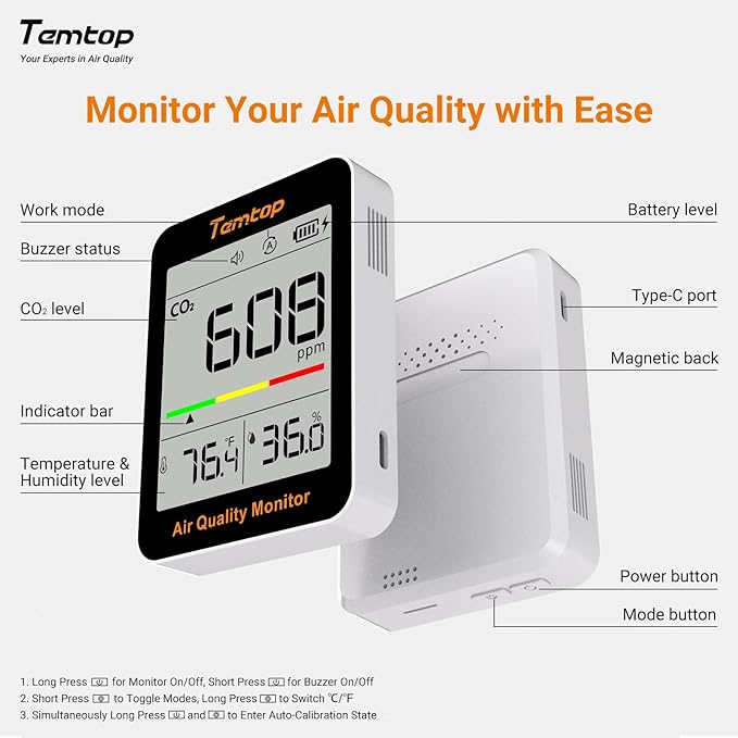Temtop C1 Dual Pack CO2 Monitor Indoor Air Quality Monitor Portable CO2 Meter, CO2, Temperature, Humidity for Home, Office, School