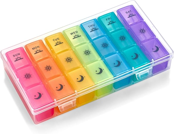 Weekly Pill Organizer Case – 3-Times-a-Day Pill Box - Large Plastic Dispenser with 7-Daily Morning Noon & Night Compartments for Pills, Supplements, Fish Oils and Vitamins