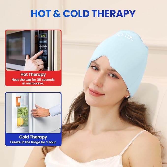 Migraine Relief Cap Gel Ice Head Wrap - Hot & Cold Therapy Soothing Headache Hat Ice Pack Mask, Headache Relief Wrap for Tension, Stress, Hangover&Puffy Eyes(Blue, 1PC)