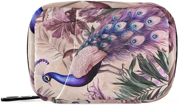 Pink Peacock Tropical Leaf Travel Pill Organizer Case Box Container Weekly Portable Vitamin Medicine Holder Storage Bag with Zipper Removable