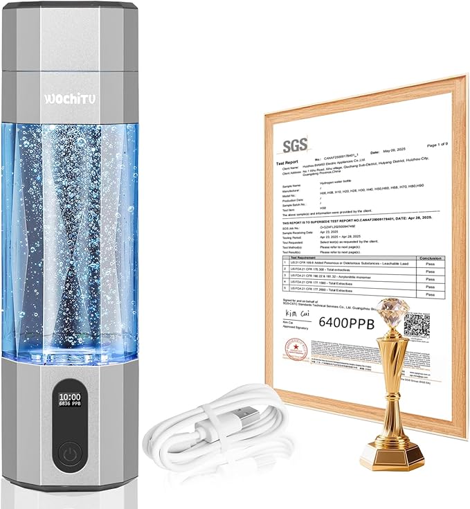WochiTV Hydrogen Water Bottle Generator, 6400PPB High Concentration Portable Hydrogen Water Machine with SPE/PEM Tech & LED Display, 7oz Leak-Proof BPA-Free Bottle for Gym, Travel, Gifts SLIVER