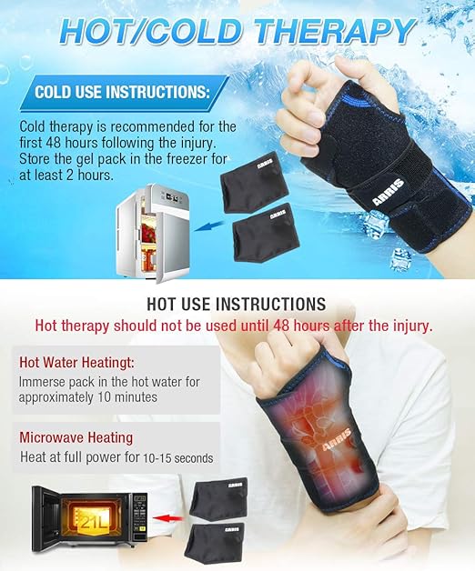 Wrist Ice Pack Wrap for Carpal Tunnel Relief - Hand Support Brace with 2 Reusable Gel Packs Hot Cold Compress for Rheumatoid Arthritis, Tendonitis, Sports Injuries, Swelling, Bruises & Sprains