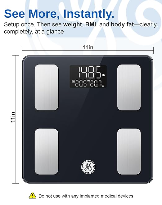 GE Smart Scale for Body Weight and Fat, Digital Bathroom Scales BMI Body Fat - Bluetooth 13 Body Composition Monitor for Muscle Mass People with App, Accurate 400lb Weighing, Battery-Black