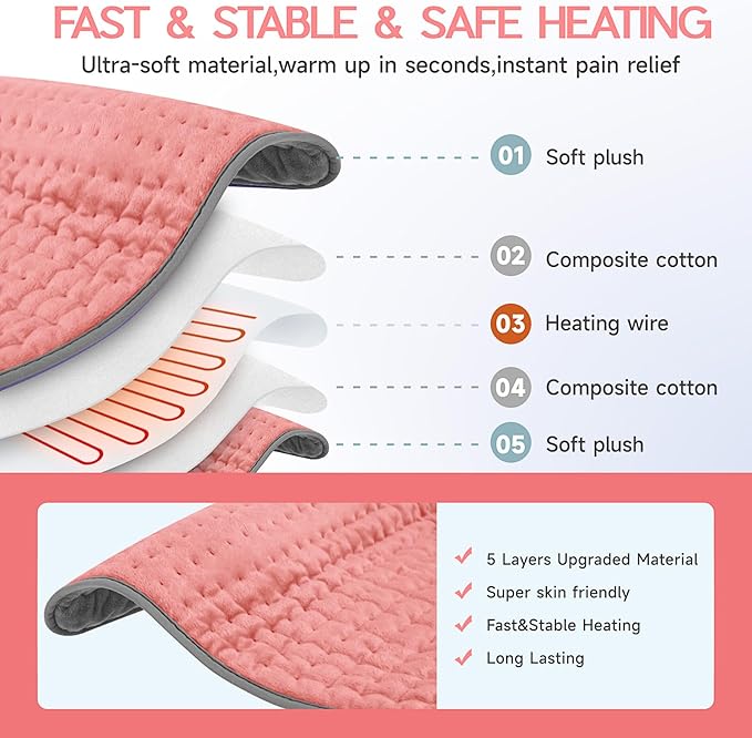 Heating Pad for Period Cramps, Heating Pad for Back/Neck/Shoulder Muscle Pain, 6 Heating & 4 Timer Setting, Auto Shut Off, Moist Heat & Machine Washable, Pink Birthday Christmas Gifts for Women Mom