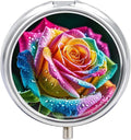Colorful Rose with Water Pill Box Travel Pill Case for Purse Pocket Weekly Medicine Organizer with Mirror 3 Compartment Round Medicine Case Portable PillcaseHolder for Daily