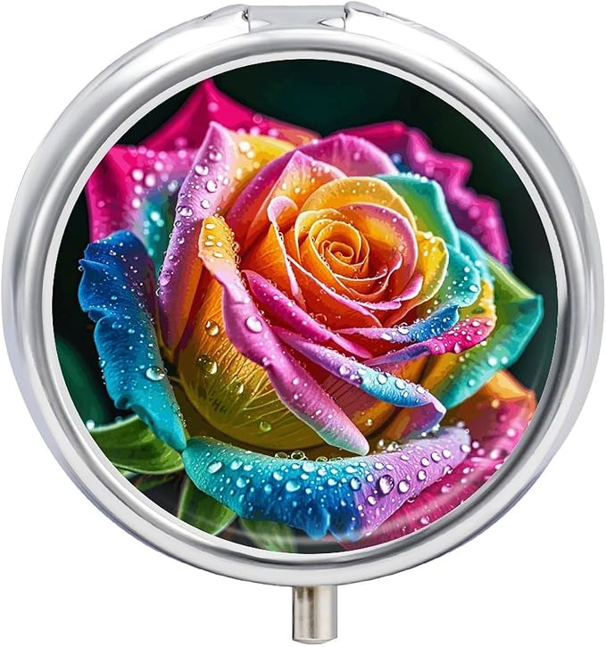 Colorful Rose with Water Pill Box Travel Pill Case for Purse Pocket Weekly Medicine Organizer with Mirror 3 Compartment Round Medicine Case Portable PillcaseHolder for Daily
