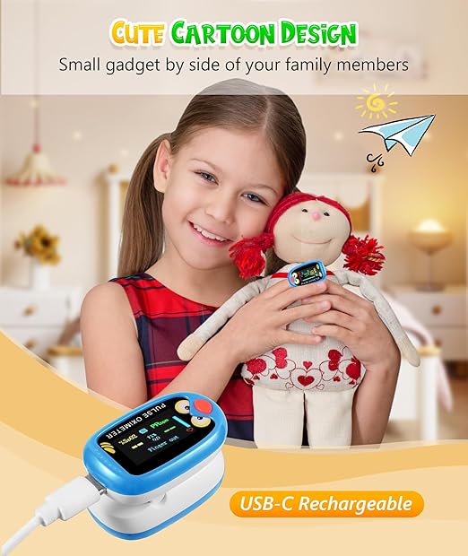 Fingertip Pluse Oximeter for Small Fingers, USB-C Rechargeable Oxygen Monitor, Cute Cartoon Design, Sports & Aviation Use, Applicable for Kids & Children (Blue)