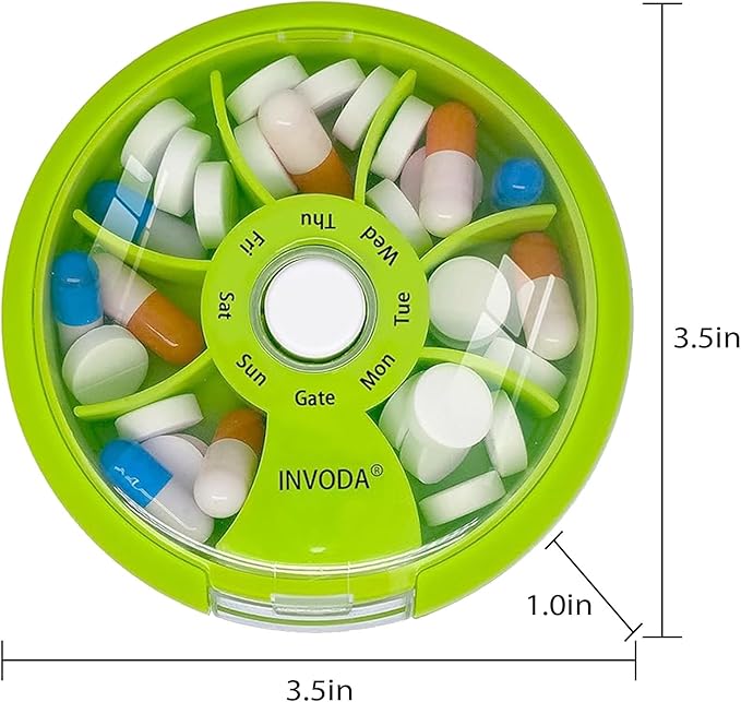 INVODA Weekly Pill Organizer with 77 Pre-Cut Medication Labels – 7 Compartment Rotating Medicine Box Daily Pill Case for Vitamins, Fish Oil & Prescriptions – BPA-Free Plastic – Compact Travel Size