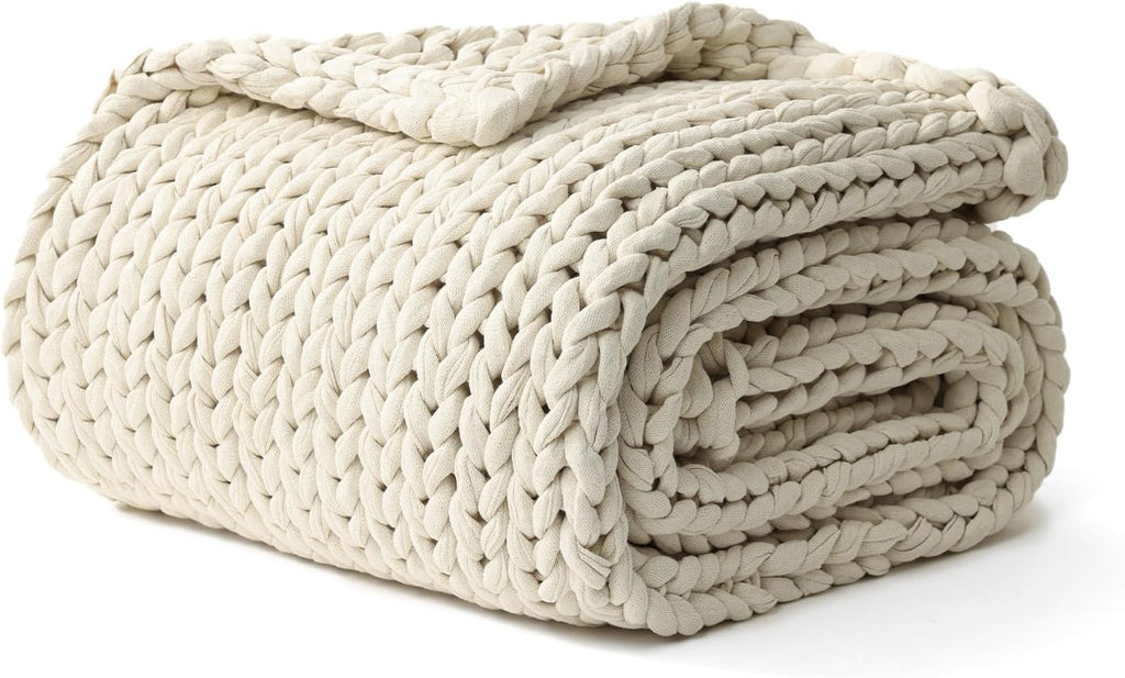 YnM Cotton Weighted Blanket, Handmade Chunky Knitted Design, Soft and Cozy, Temperature Regulating and Breathable, Machine Washable Throw for Sleep or Home Decor (Cream White, 60x80 Inch, 25lbs)