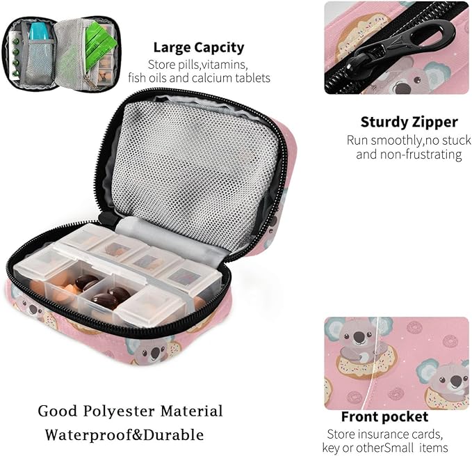Fustylead Cute Koala Bear and Sweet Donuts Travel Pill Case Bag with Zipper Weekly Pill Box 8 Compartments 7 Day Personal Pill Case Purse Medicine Case Organizer