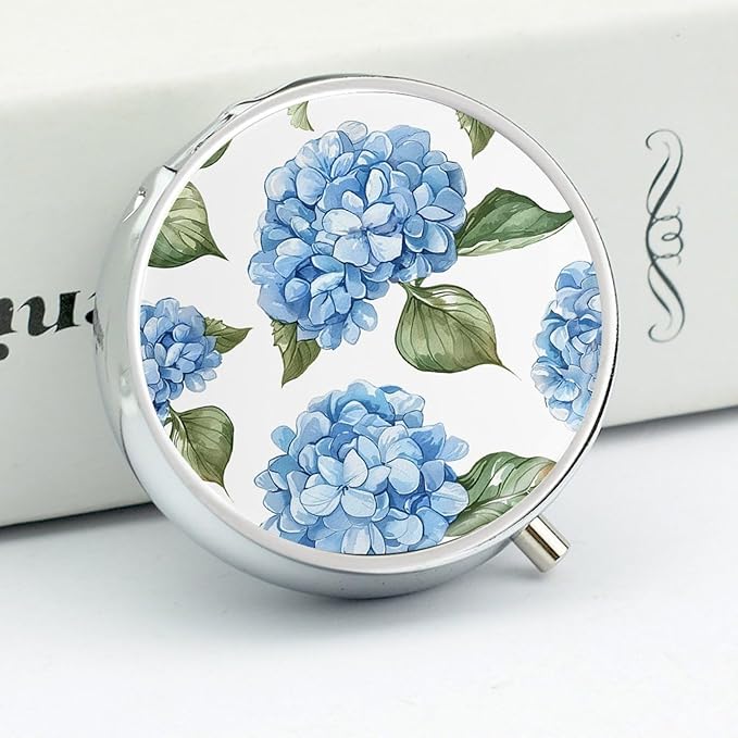 Blue Hydrangea Pattern Pill Box 3 Compartment Small Pill Case with Mirror for Purse & Pocket Travel Medicine Organizer Daily Medication Container Portable Pillbox Metal Medicine Box Round Meds Case