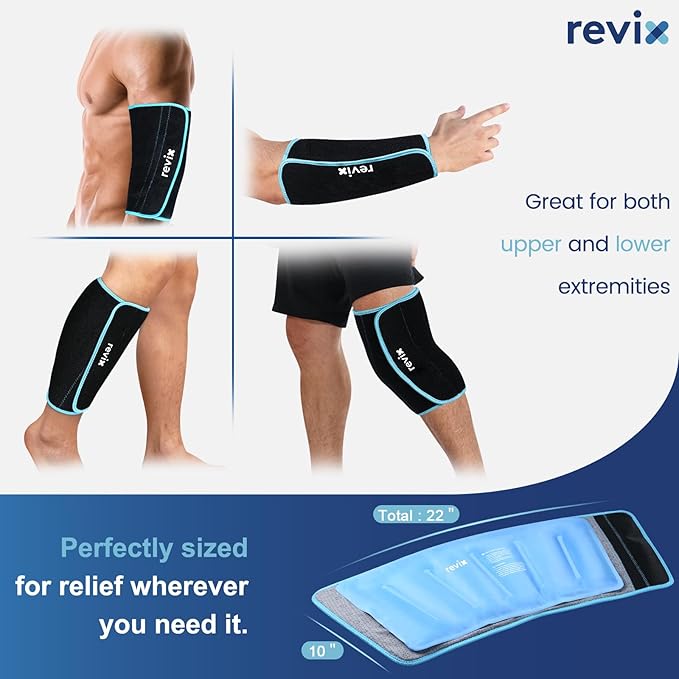 REVIX XL Shin Ice Packs Reusable Gel Cold Pack for Calf Leg Elbow Discomfort Relief, Calf Ice Wrap Cold Therapy Compression Sleeve Promotes Post-Workout Recovery, Set of 2
