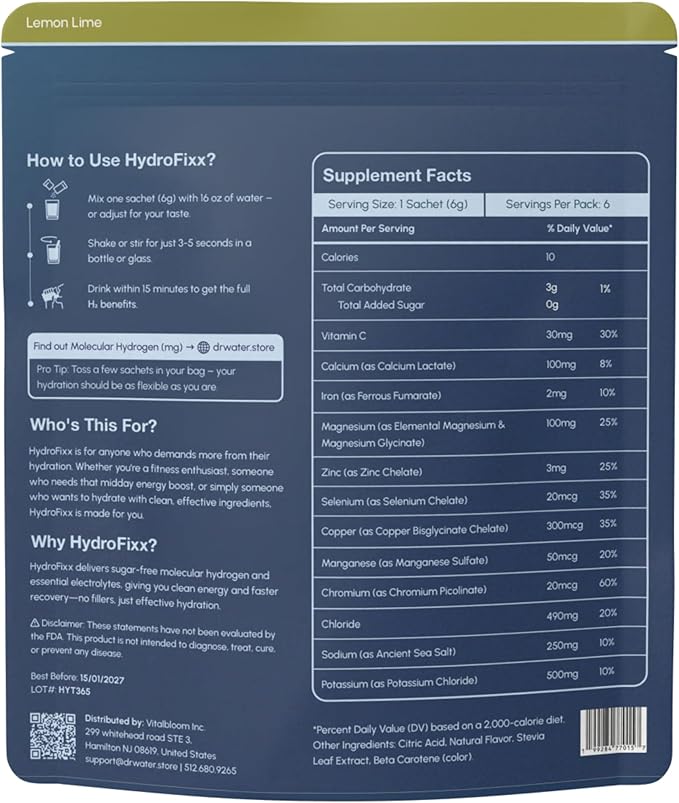 HydroFixx Hydrogen + Electrolytes Mix - Variety Pack | H2 Hydration with Molecular Hydrogen, Sodium, Potassium, Magnesium | LemonLime, MixBerry, Orange Caffeine | 6 Count (6, Lemon Lime)