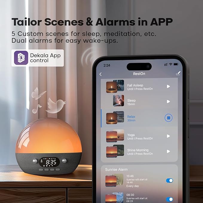 Dekala RestOnn Sunset Sound Machine Sunrise Alarm Clock White Noise Natural Sounds Amber Night Light, 7-day Programmable Dual Alarm Clock, Bluetooth Speaker, 3000mAh Battery Backup, App Control, Black