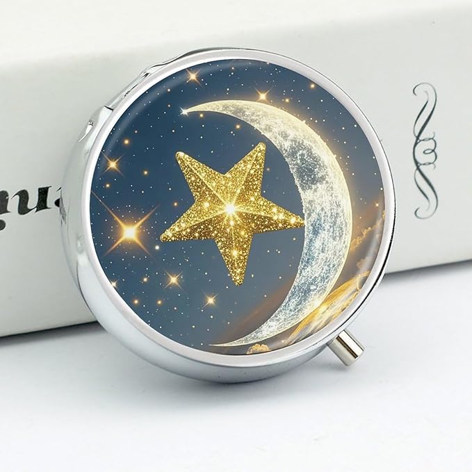Golden Stars and Moon Pill Box Travel Pill Case for Purse Pocket Weekly Medicine Organizer with Mirror 3 Compartment Round Medicine Case Portable PillcaseHolder for Daily
