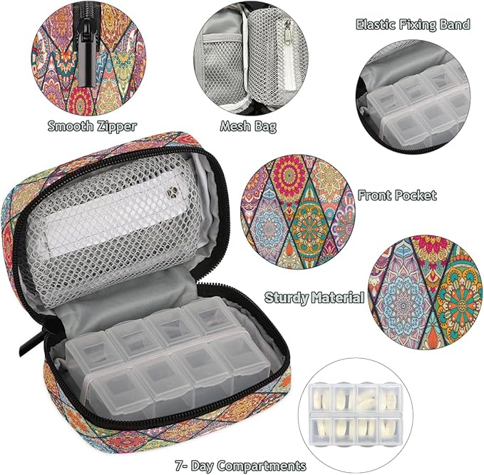 Color Mandala Geometric Bohemian Travel Pill Organizer Box Weekly Portable Pill Case Daily Pills 7 Day Small Birth Control Pills Container Removable Compartments for Medicine Vitamins Fish Oil