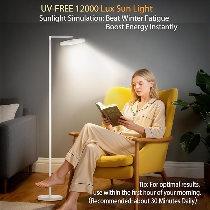 Sun Lamp for Happy 12000 Lux, Sunlight Lamp Full Spectrum, Sun Light lamp with 10 Brightness Levels 5 Color Modes, Adjustable Height, Remote & Timer for Reading, Office