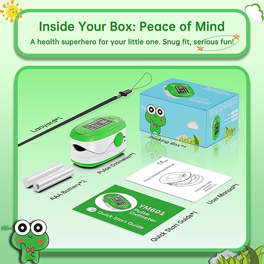 Pulse Oximeter for Kids, Adorable Animal Children Oxygen Monitor Fingertip with 20 × Memory, 4 Color OLED Display Blood Oxygen Saturation Monitor with Alarm, Batteries and Lanyard (Green)