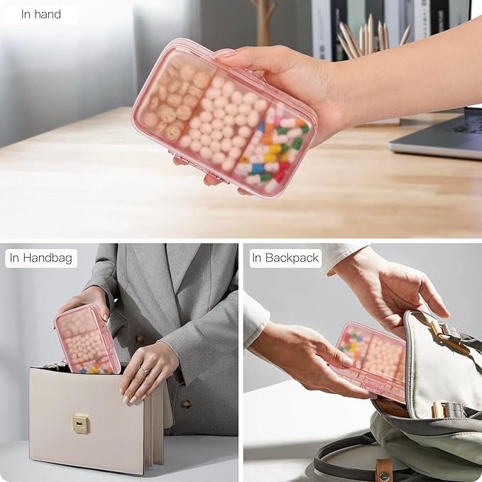 FYY Weekly Pill Organizer with Labels,8 Compartments Travel Daily Pill Case Airtight Moistureproof Large Pill Box to Hold Vitamins, Fish Oil, Supplements,Cotton Swab and Bandages-Pink
