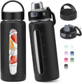 Kodrine 20oz Glass Water Bottle with Straw-2 Lids for Easy Carry, with Handle, Silicone Sleeve & Time Marker, Reusable Glass Drinking Bottle for Home,Office,Outdoors, Cupholder Friendly-Black
