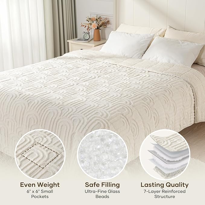 Cottonblue Jacquard Weighted Blanket for Adults 15 lbs Queen Size, Soft Fluffy Sherpa Fleece Weighted Throw Blankets 60" x 80" for Sleep Relax, Fuzzy Warm Arch Heavy Blanket for Bed Couch, Cream White