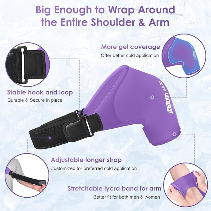 Comfitech Shoulder Ice Pack Wrap Sleeve for Better Putting On & Off, Reusable Gel Cold Pad for Arm, Medium, Purple
