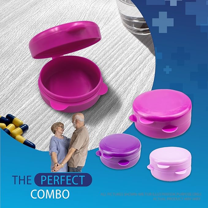 Deke Home - Pill Container Small, Round Pill Organizer, 3 Pack Single Pill Case for Medicine, Daily Mini Pill Box for Purse or Pocket, Light Storage for Travel, BPA Free (3 Colors)