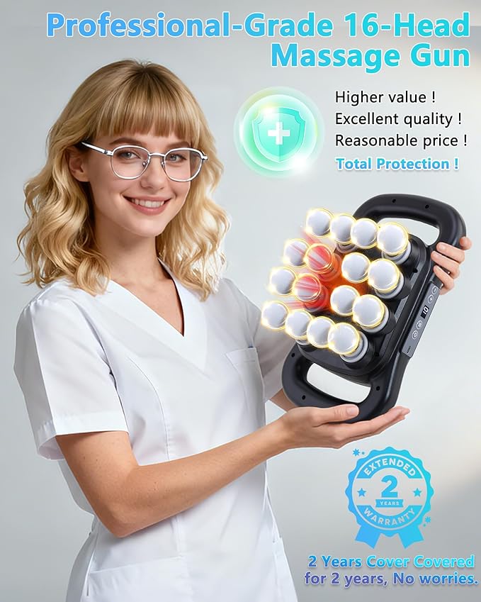 16-Head Massage Gun, Deep Tissue Percussion Massager with 9 Modes & 9 Intensities, 2600mAh Battery Back Massager for Pain Relief Deep Tissue for Muscle Pain Relief in Back, Legs, Shoulders