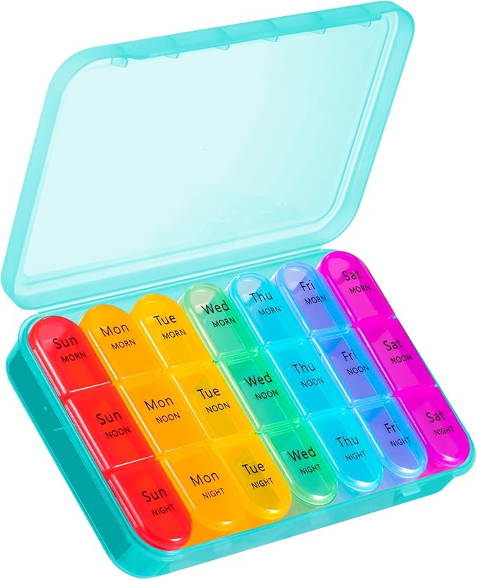ASprink Purple and Cyan Pill Organizer 3 Times a Day, 7 Day Medicine Organizer with 12 Compartments