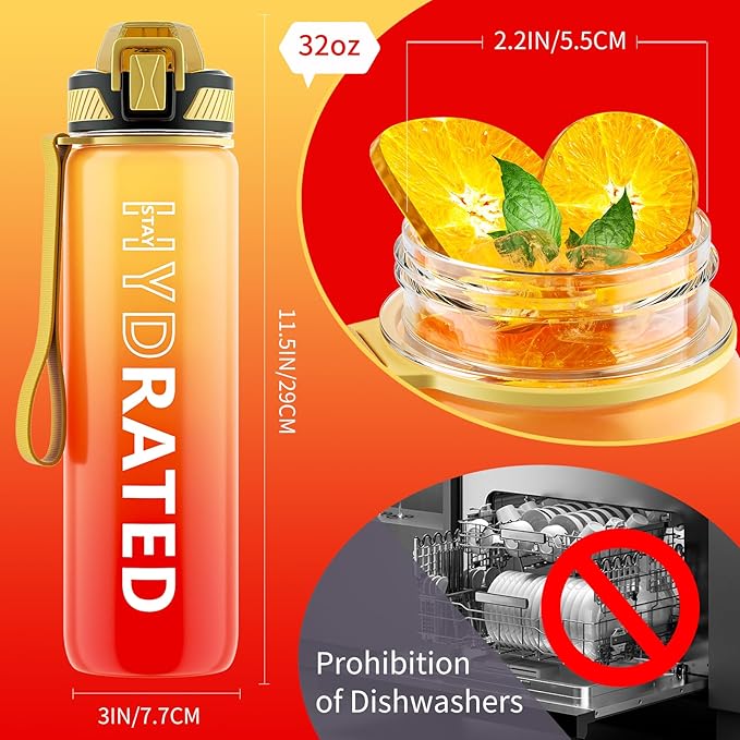 Water Bottle with Straw, 32oz Motivational Water Bottles with Time Marker to Drink, Tritan BPA Free, 1L Sports Water Bottle with Carry Strap LeakProof for Women Gym Fitness Outdoor (1 Pack)