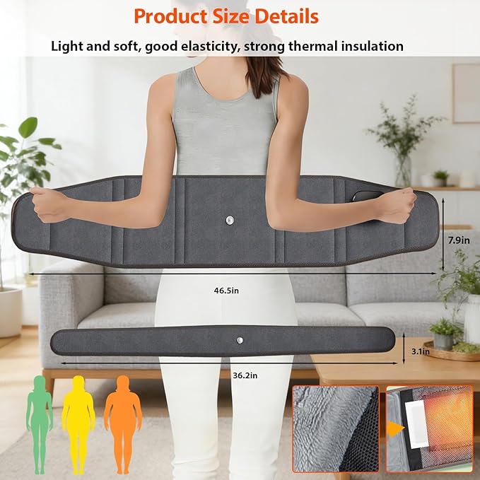 Lower Back Massager with Heat, Heating Pad for Back, Stomach Heating Pad, Cordless Portable Waist Massage Belt with Heat Vibration 3 Levels Adjustable, Touchscreen Control, Adjustable Size (Grey)