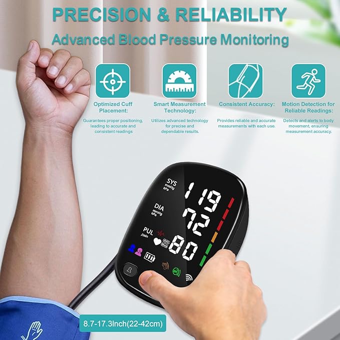 Bluetooth Automatic Blood Pressure Monitor for Home Use - with Adjustable Upper Arm Large Cuff (8.7"-17.3"), App Tracking, LED Display 2 Users 240 Sets Memory, Hypertension Detector
