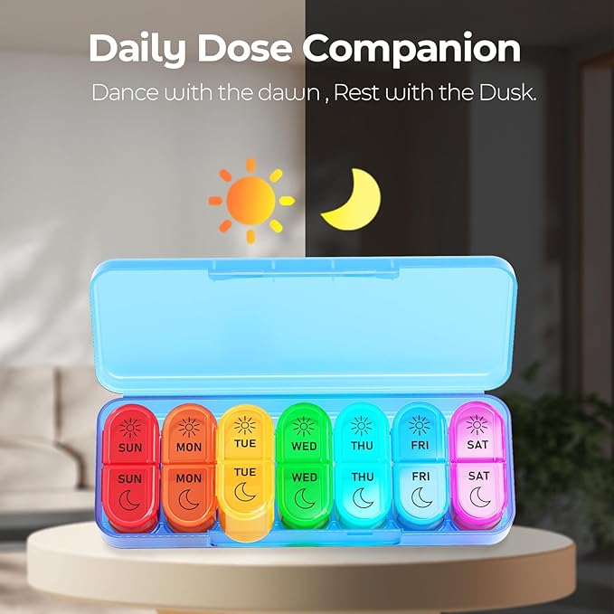 Weekly Pill Organizer 2 Times a Day - AM PM Pill Organizer with 7 Daily Color-Coded Small Cases, Morning and Night Travel Pill Cases for Vitamins, Medicine, & Supplements