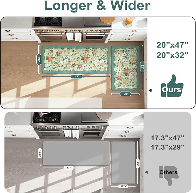 KIMODE Kitchen Mats for Floor Cushioned Anti Fatigue, Green Floral Kitchen Rugs Sets of 2, Boho Rugs for Kitchen Floor, Comfort Kitchen Floor Mats, Standing Desk Mat for Sink Laundry 20"x47"+20"x32"