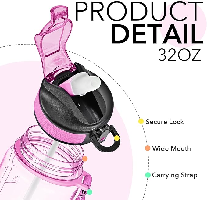 Hyeta 32 oz Water Bottles with Times to Drink and Straw, Motivational Water Bottle with Time Marker, Leakproof, Drinking Sports Water Bottle for Fitness, Gym and Outdoor