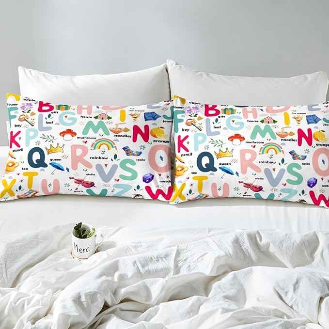Cartoon ABC Alphabet Bed Sheet Set - Twin Size, Fitted Sheet for Kids with 1 Pillow Case, Cute Educational Learning Bedding