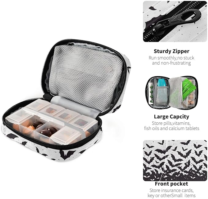 Pill Cases Bag Black Bat Halloween Vitamin Pill Box Organizers 7 Day Medicine Container Case Supplement Holder