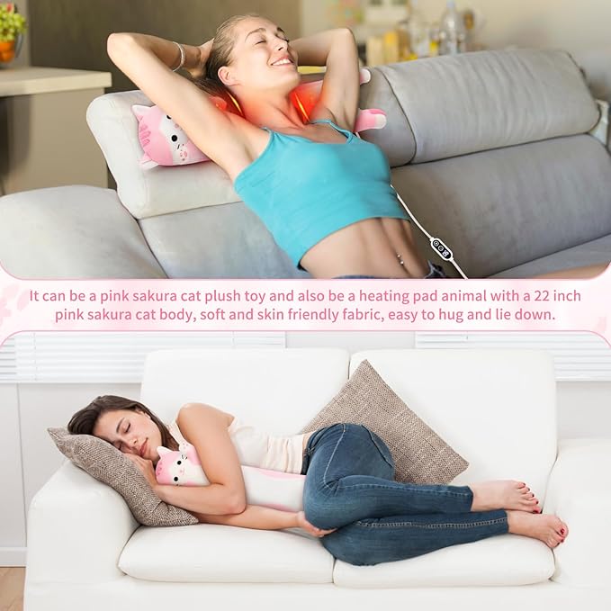 Sakura Cat Heating Pad-USB Heated Plush Stuffed Animals for Period Cramps and Menstrual Pain Relief,22” Portable Electric Kitten Heating Pads,Built-Pocket Plush Girls Birthday Gifts,Pink