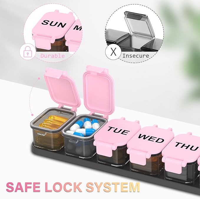 2-Pack Extra Large Weekly Pill Organizer - XL Vitamin Holder with 7 Detachable Compartments, Portable Medicine Pill Organizer for Supplements, Daily Pill Case for Home and Travel