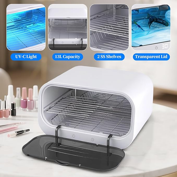 Sterilizer for Nail Tools, 12L Large Sterilizer for Esthetician, 110V Multi-Functional Nail Tool Sterilizer Cleaner Box Machine with Adjustable Time for Home Use, Barbers, Beauty Salons, Spas