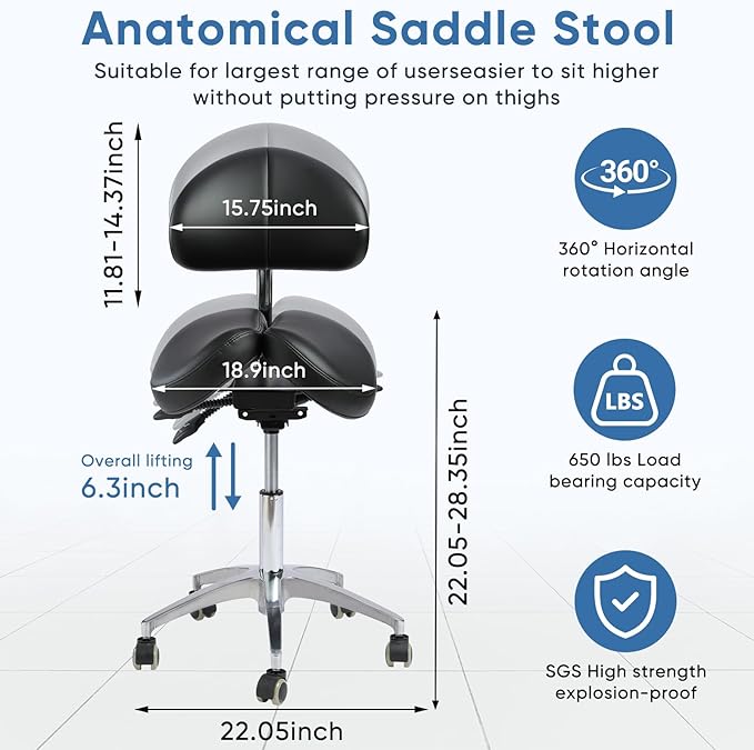 Saddle Stool with Wheels,Rolling Stool with Back Support&Split Seats,Ergonomic Stool Saddle Stool for Hair Stylist for Dentist Salon Tattoo(Black with Split Seats)