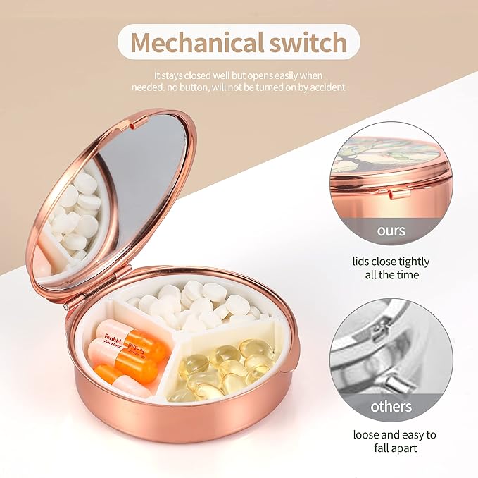 Dynippy Pill Case Pill Box with Mirror Pocket 3 Compartment Medicine Case Vitamin Pill Organizer for Pocket Purse and Travel (Round, Rose Gold-Marble Veins)