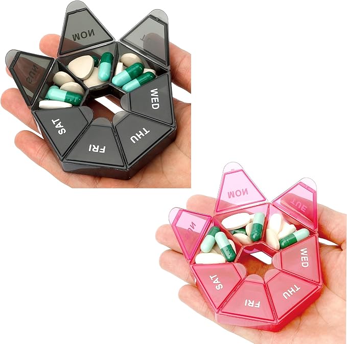 Pill Organizer, Pill Box, Small Pill Case, Medicine Pill Organizer 1 Time a Day, Weekly Pill Organizer, Pill Container, Pill Holder, Daily Pill Organizer Travel Pill Organizer 7 Day (Black Red)
