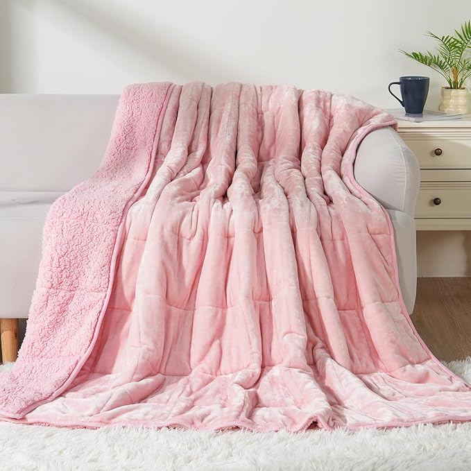Cottonblue Weighted Blanket Twin 15 Pounds for Adults, Plush Blankets for Sofa Bed, Heavy Blanket with Glass Beads, Thick Fuzzy Blanket with Soft Plush Flannel for Winter Xmas, 48x72inch, Blush Pink