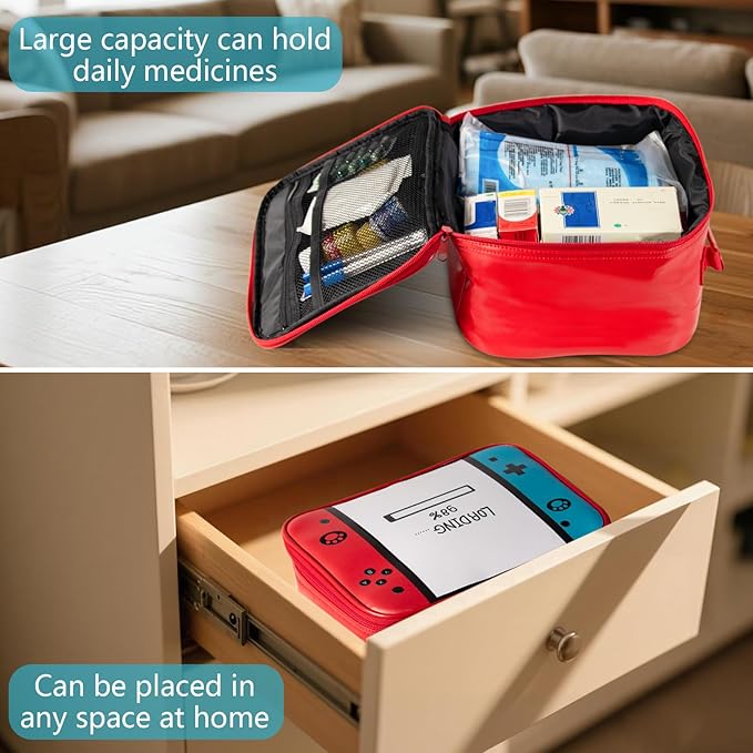 Medicine Bag, PU Leather Pill Bottle Organizer Storage, First Aid Bag Medication Travel Bag for Pills, Vitamins, Medical Supplies for Home, Traveling Hiking Camping (Red)
