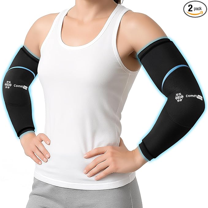 ComfiTECH Dual-Gel Full Arm Ice Pack Wrap with Extended 30-Min Cooling for Elbow, Detachable Cold Pack & Flexible Gel Ice Sleeve for Volleyball, Tennis Recovery, Muscle Relaxation, Medium, 2 Packs