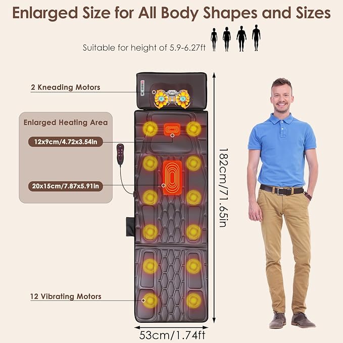 Full Body Electric Massage Mat with Heat, Vibration Back Massage Pad Cushion with Inflatable Head Pillow and Lumbar Pillow, 10 Vibration Motors 3 Timers (72x21 with Neck Massager(PU))
