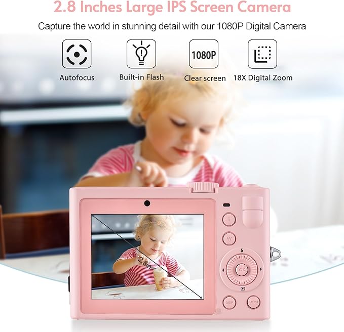 Andoer 5K Digital Camera WiFi Pink Compact Camera 72MP Dual Lens 2.8 Inch IPS Screen Auto Focus 18X Digital Zoom LED Flash Color Filters Birthday Festival Gift for Students Teenagers Friends